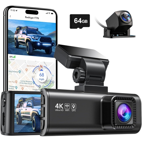 4K Dual Dash Cam with 64GB SdCard, built-in WiFi and GPS, records in Front 4K/2.5K and Rear 1080P. Includes a 3.18-inch display, 170-degree wide angl