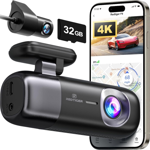 4K Front and 1080P Rear Dash Cam with WiFi and GPS, including a 32GB SdCard, this dual car camera, Loop Recording, Night Vision, Parking Mode, and su