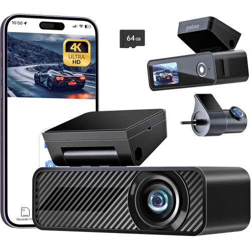 4K Dual Dash Cam with Front and Rear Recording, 64GB SDCard, 4K+1080P, Wi-Fi and App Control, 1.5’’ IPS Display, Voice Control, Night Vision, G-Senso