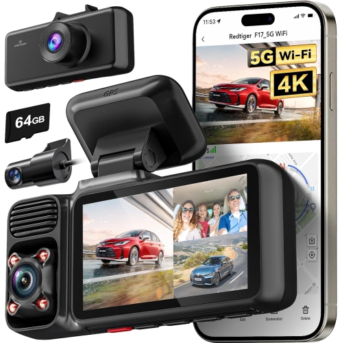 3-Channel Dash Cam with 4K and 1080P Recording, 5.8GHz Wi-Fi, GPS, and 64GB Card. Features 2160P + 1080P + 1080P Loop Recording, 3" Screen, IR Night