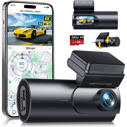 Dual Dash Camera for Cars 4K Front & 1080P Rear recording, built-in 5GHz WiFi & GPS, 64GB SDcard included, 1.47" Display, 24hr Parking Mode, App Cont