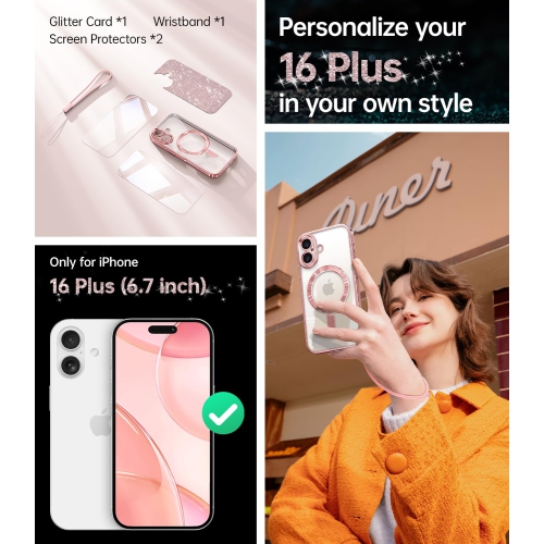 iPhone 16 Plus 6.7’’, 2X Screen Protectors Glitter Card & Wrist Strap MagSafe Compatible Full Camera Protection for iPhone 16 Plus Case, Rose Gold