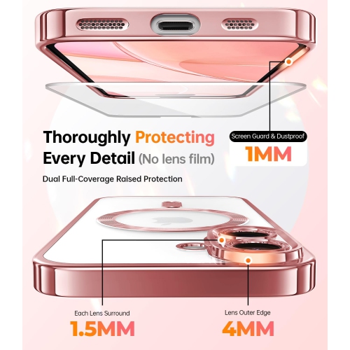 iPhone 16 Plus 6.7’’, 2X Screen Protectors Glitter Card & Wrist Strap MagSafe Compatible Full Camera Protection for iPhone 16 Plus Case, Rose Gold