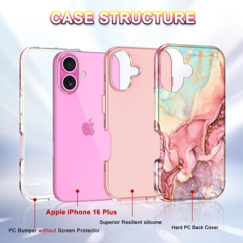 iPhone 16 Plus Case, Military Grade Drop Tested Marble Pattern Design Slim Rugged Shockproof Women Girls Men Protective Anti-Scratch Cover for iPhone