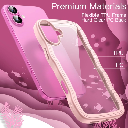 iPhone 16 Plus 6.7-Inch, Cute Wave Frame Curly Shape Shockproof Phone Cover for Women and Girls, Clear Hard PC Back