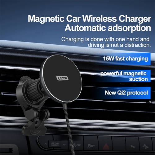 Tecto Magsafe Car Phone Holder - Wireless Charging - Qi2 Certified - 15W Fast Charging - USB-C - Powerful Suction - 360 Rotation