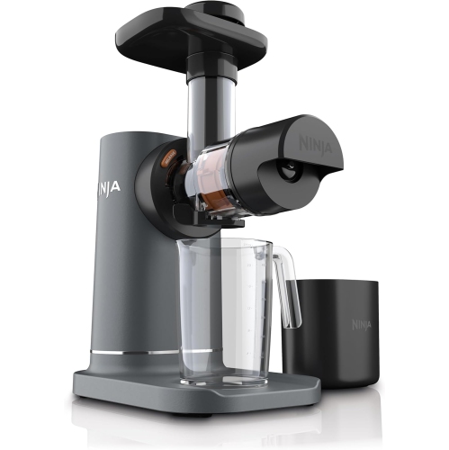 Compact cold press juicer with powerful performance and Total Pulp Control. Features a large pulp container and juice jug for easy use and cleaning.