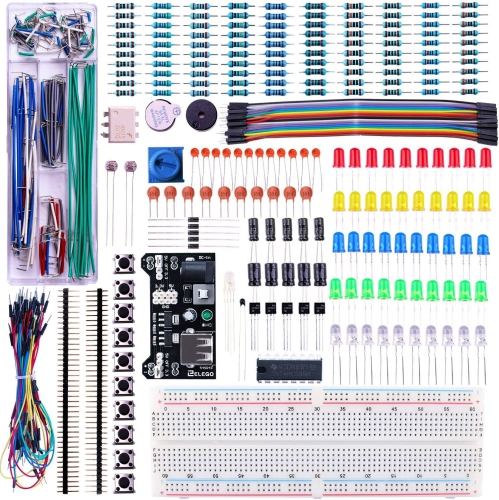 Upgraded Electronics Fun Kit featuring a power supply module, jumper wires, precision potentiometer, and an 830 tie-point breadboard, compatible with