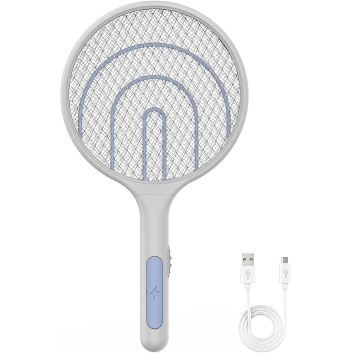 Electric fly swatter bug zapper racket with a 3000V power, 3 layers of safety mesh and lamp. 1200mAh battery with fast charging, ensuring safe use in