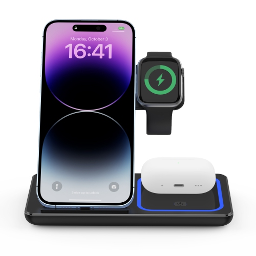 Station de chargement rapide sans fil 3-en-1 de Tecto - Téléphone, Apple Watch, AirPods - Pliable et compact - Alimentation 15&nbsp;W