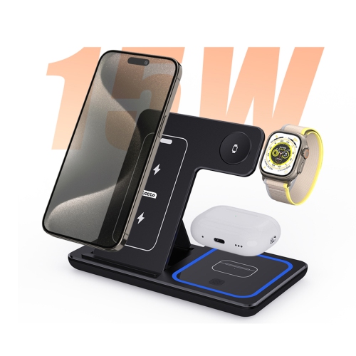 Station de chargement rapide sans fil 3-en-1 de Tecto - Téléphone, Apple Watch, AirPods - Pliable et compact - Alimentation 15&nbsp;W