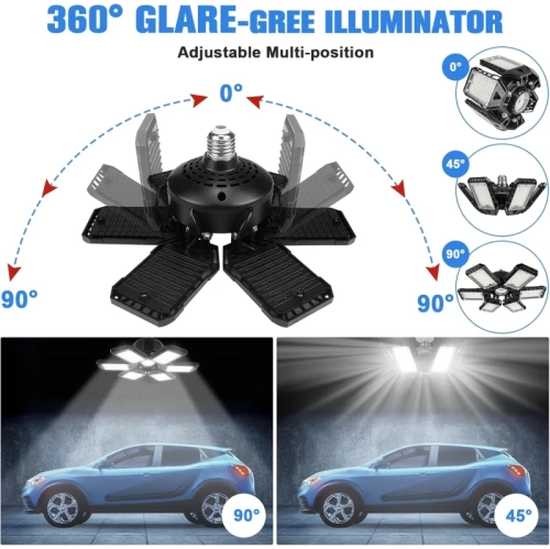 Ampoule à DEL pour garage, paquet de 2 – 180&nbsp;W, 18000LM, 6500K avec panneaux déformables 6+1 pour garage et sous-sol