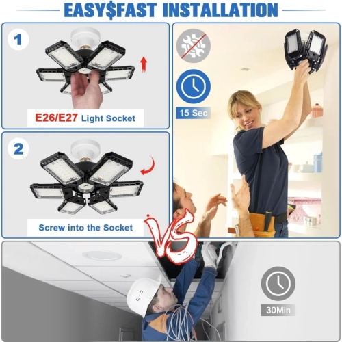 Ampoule à DEL pour garage, paquet de 2 – 180&nbsp;W, 18000LM, 6500K avec panneaux déformables 6+1 pour garage et sous-sol