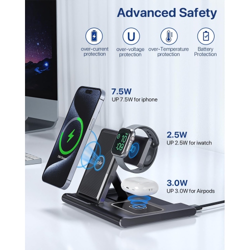 Fast Wireless Charger Stand 3 in 1,Charging Station for Apple Devices,iPhone 16 15 14 13 12 11 Pro & Max Series, AirPods Pro4, Apple Watch, Black