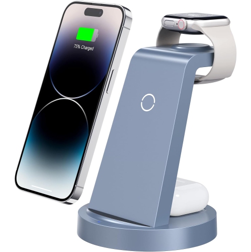 Station de recharge 3 en 1 pour iPhone, chargeur sans fil pour iPhone 16 15 14 13 12 11 X Pro Max, Apple Watch, AirPods, bleu