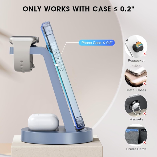 Station de recharge 3 en 1 pour iPhone, chargeur sans fil pour iPhone 16 15 14 13 12 11 X Pro Max, Apple Watch, AirPods, bleu