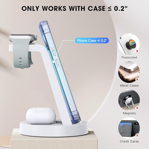 Station de recharge 3 en 1 pour iPhone, chargeur sans fil pour iPhone 16 15 14 13 12 11 X Pro Max, Apple Watch, AirPods, blanc