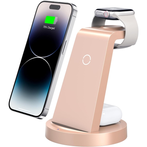 Station de recharge 3 en 1 pour iPhone, chargeur sans fil pour iPhone 16 15 14 13 12 11 X Pro Max, Apple Watch, AirPods, Rose