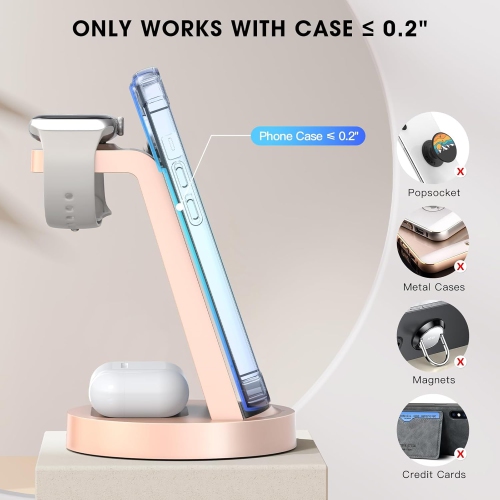 Station de recharge 3 en 1 pour iPhone, chargeur sans fil pour iPhone 16 15 14 13 12 11 X Pro Max, Apple Watch, AirPods, Rose