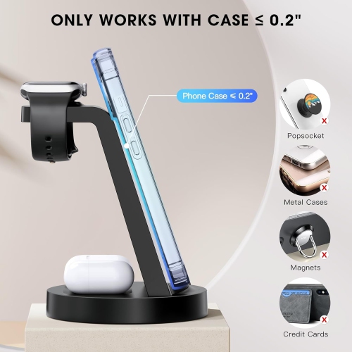 Station de recharge 3 en 1 pour iPhone, chargeur sans fil pour iPhone 16 15 14 13 12 11 X Pro Max, Apple Watch, AirPods, noir