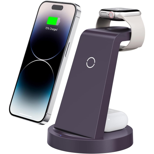 Station de recharge 3 en 1 pour iPhone, chargeur sans fil pour iPhone 16 15 14 13 12 11 X Pro Max, Apple Watch, AirPods, violet