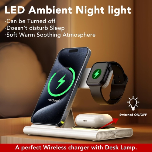 3 in 1 Foldable Charging Station for Apple Wireless Charger for iPhone 16 15 14 13 12 11 Series, Wireless Charging Station with Night Light for Apple