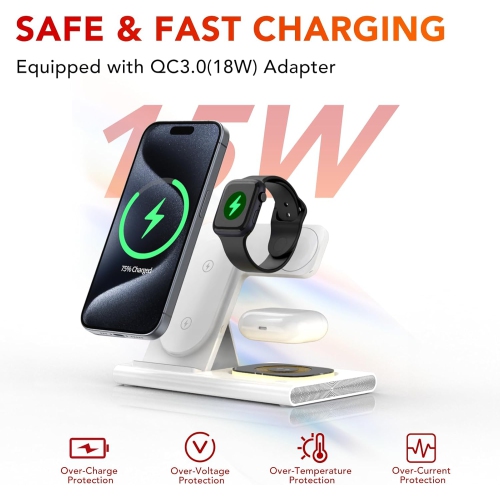 3 in 1 Foldable Charging Station for Apple Wireless Charger for iPhone 16 15 14 13 12 11 Series, Wireless Charging Station with Night Light for Apple