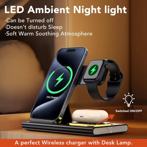 3 in 1 Foldable Charging Station for Apple Wireless Charger for iPhone 16 15 14 13 12 11 Series, Wireless Charging Station with Night Light for Apple