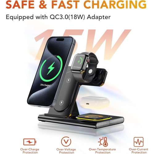 3 in 1 Foldable Charging Station for Apple Wireless Charger for iPhone 16 15 14 13 12 11 Series, Wireless Charging Station with Night Light for Apple