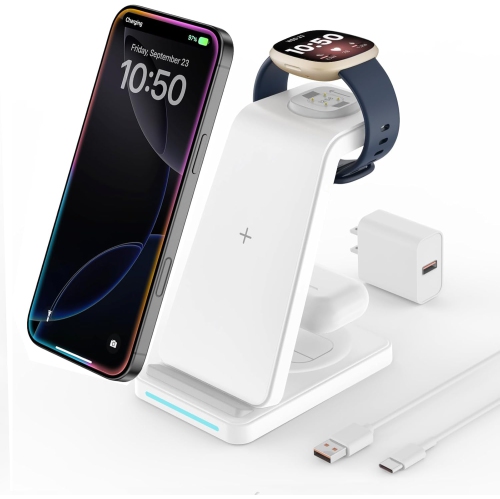 3 in 1 Wireless Charger for Watch, Charging Station for Versa 4/Versa 3/Sense 2/Sense, Phone Charge Dock for iPhone & Google Pixel, Galaxy, Airpods,
