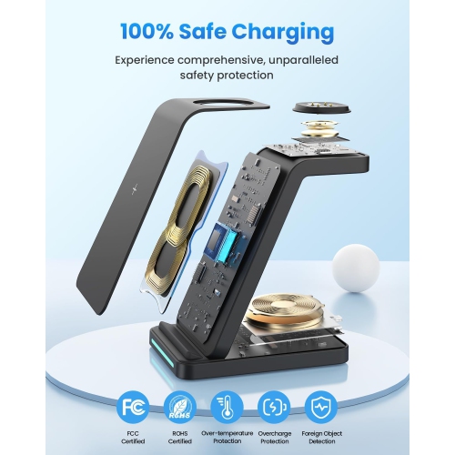 3 in 1 Wireless Charger for Watch, Charging Station for Versa 4/Versa 3/Sense 2/Sense, Phone Charge Dock for iPhone & Google Pixel, Galaxy, Airpods,