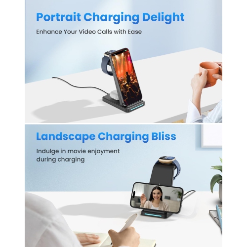 3 in 1 Wireless Charger for Watch, Charging Station for Versa 4/Versa 3/Sense 2/Sense, Phone Charge Dock for iPhone & Google Pixel, Galaxy, Airpods,