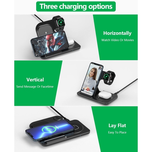 Wireless Charging Station, 3 in 1 18W Foldable Fast Wireless Charger Stand for iPhone 14/13/12/11Pro/Max/XR/XS Max/X, Apple Watch, AirPods