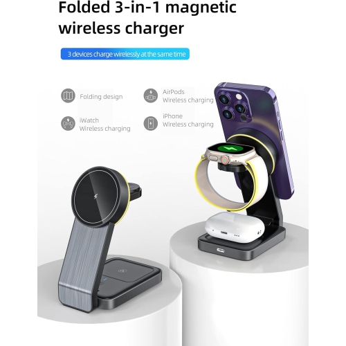3 in 1 Charging Station for Apple Devices 18W Foldable Charger Stand Magnetic Wireless Charger for iPhone 15 14 13 12 Pro/Pro Max/Plus/Mini,AirPods