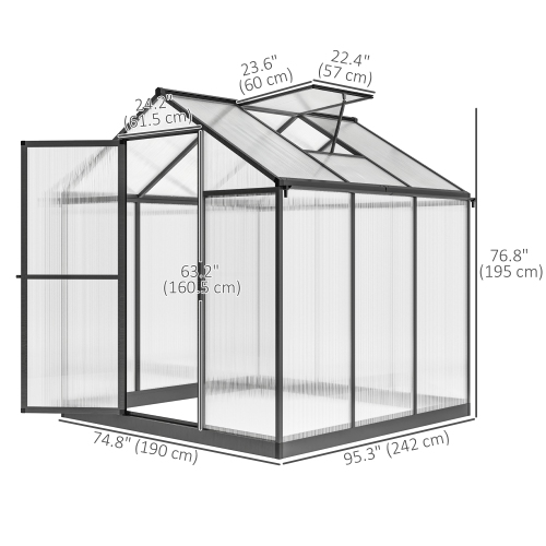 Greenhouse en polycarbonate Outsunny, 6 x 8 x 6,4 pi, ensemble de maison en aluminium vert, plantes cultivées avec gouttière et évent de toit, gris
