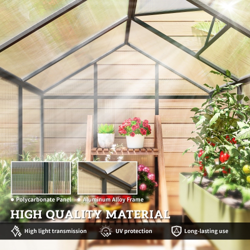 Greenhouse en polycarbonate Outsunny, 6 x 8 x 6,4 pi, ensemble de maison en aluminium vert, plantes cultivées avec gouttière et évent de toit, gris