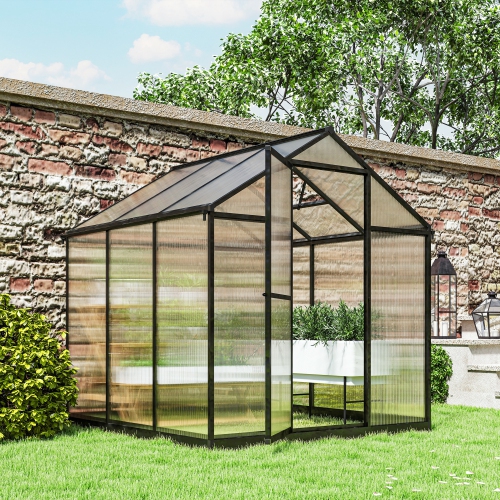Greenhouse en polycarbonate Outsunny, 6 x 8 x 6,4 pi, ensemble de maison en aluminium vert, plantes cultivées avec gouttière et évent de toit, gris