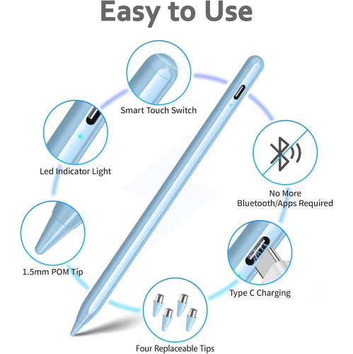 Stylet pour écrans tactiles, compatible avec les tablettes/téléphones Android et iOS, stylet rechargeable pour Apple/Android/tablette,bleu