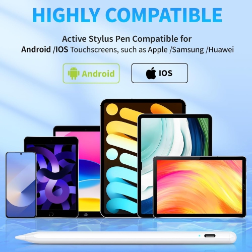 Stylus Pen for Touch Screens, Compatible for Android and iOS Tablet/Phones, Rechargeable Stylus Pencil for Apple/Android/Tablet,White