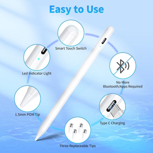 Stylus Pen for Touch Screens, Compatible for Android and iOS Tablet/Phones, Rechargeable Stylus Pencil for Apple/Android/Tablet,White