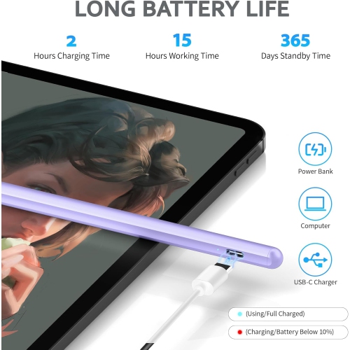Stylus Pen for Touch Screens, Compatible for Android and iOS Tablet/Phones, Rechargeable Stylus Pencil for Apple/Android/Tablet,Purple