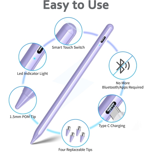 Stylus Pen for Touch Screens, Compatible for Android and iOS Tablet/Phones, Rechargeable Stylus Pencil for Apple/Android/Tablet,Purple