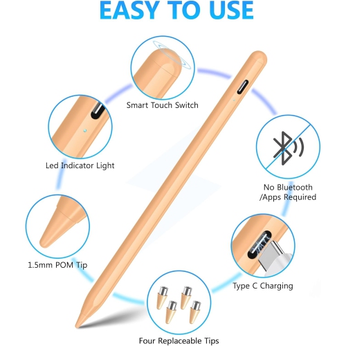 Stylus Pen for Touch Screens, Compatible for Android and iOS Tablet/Phones, Rechargeable Stylus Pencil for Apple/Android/Tablet,Peach Orange