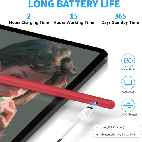 Stylus Pen for Touch Screens, Compatible for Android and iOS Tablet/Phones, Rechargeable Stylus Pencil for Apple/Android/Tablet,Red