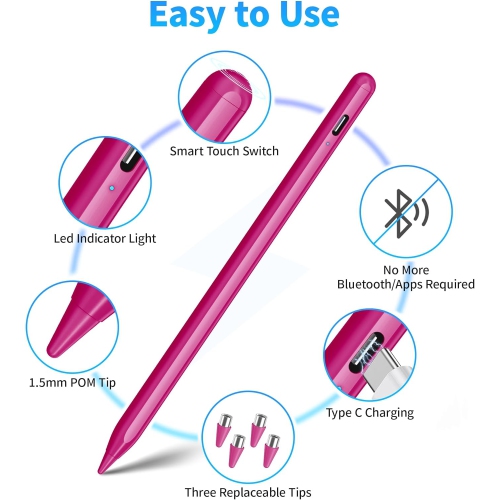 Stylus Pen for Touch Screens, Compatible for Android and iOS Tablet/Phones, Rechargeable Stylus Pencil for Apple/Android/Tablet,Candy Pink