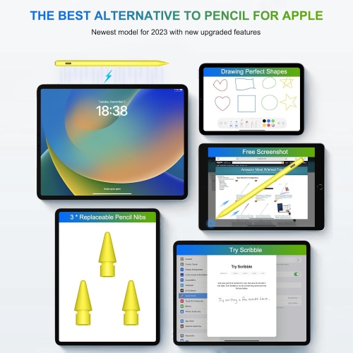 Pencil Wireless Charging for iPad with Tilt & Palm Rejection, Magnetic Stylus Pen Compatible with ipad Air 3/4/5, ipad 6/7/8/9/10, ipad Pro,Yellow