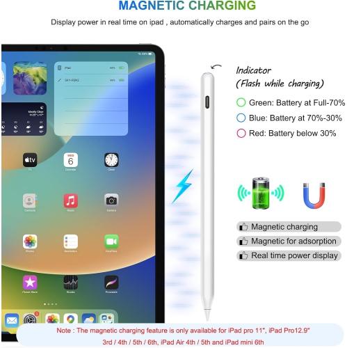 Pencil Wireless Charging, Pencil for iPad with Tilt Rejection, Magnetic Stylus Pen for ipad Air, ipad Mini, ipad, ipad Pro, Cool White