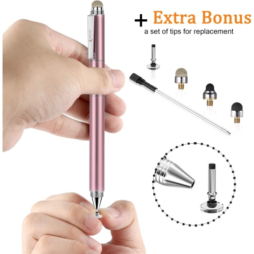 4-in-1 High Sensitivity Stylus Pen, Stylus Clear Disc Tip, Black Rubber Tip Compatible with Universal Touch Screen Device, Rose Gold