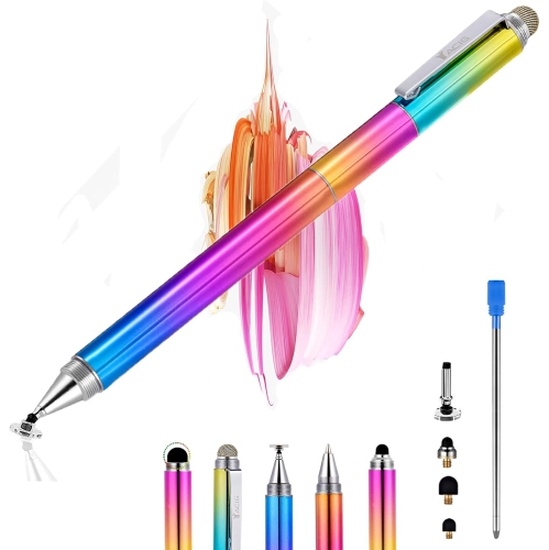 4-in-1 High Sensitivity Stylus Pen, Stylus Clear Disc Tip, Black Rubber Tip Compatible with Universal Touch Screen Device, Dreamy Rainbow