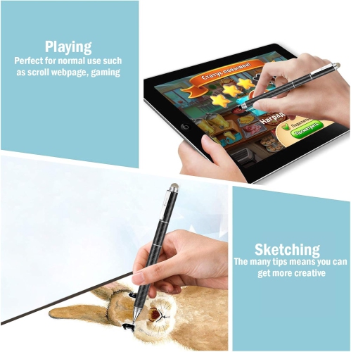 4-in-1 High Sensitivity Stylus Pen, Stylus Clear Disc Tip, Black Rubber Tip Compatible with Universal Touch Screen Device, Black